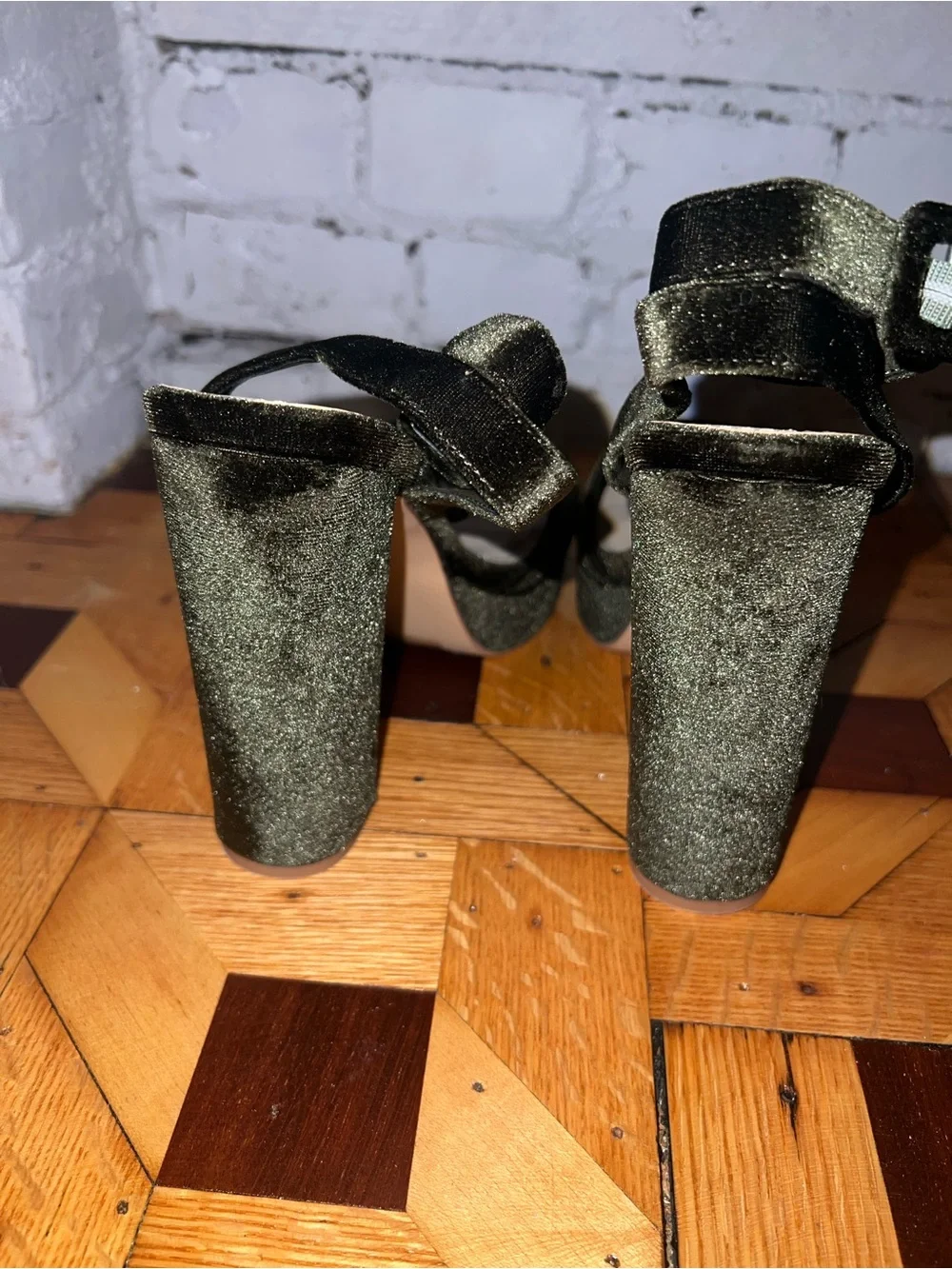 French Connection Dark Olive Velvet Block Heel Sandals